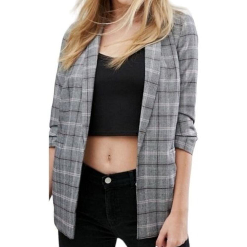 MISS SELFRIDGE Longline Glen Plaid Blazer Grey Check Women's 4 Open Front Jacket